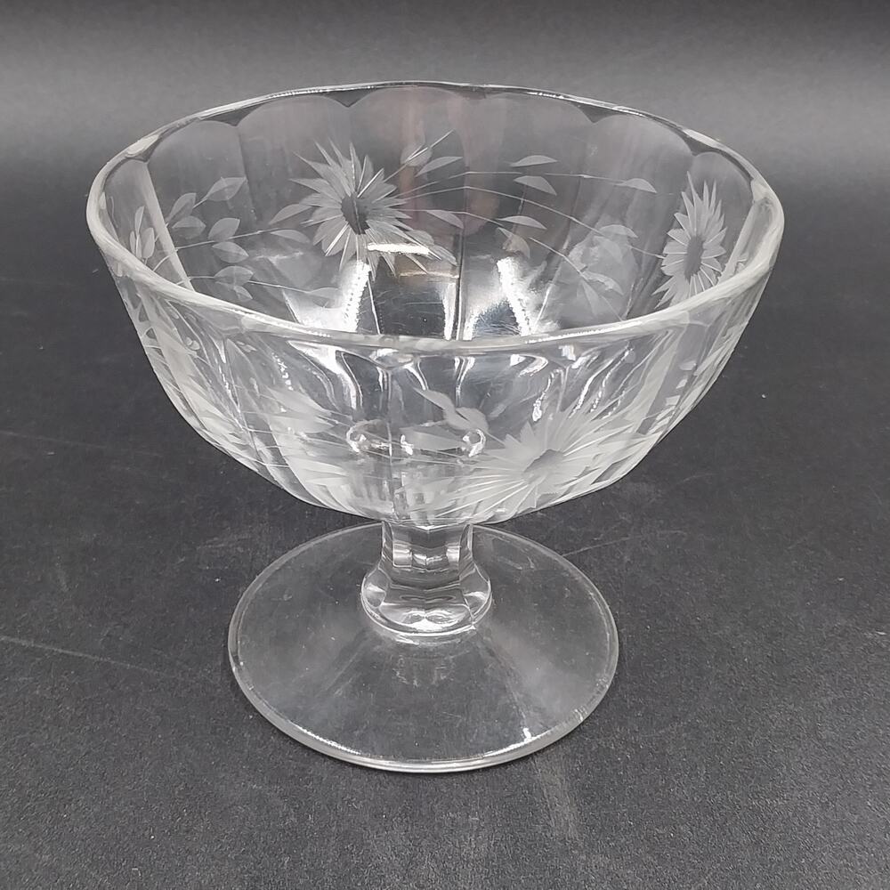 Elegant Glass Etched Cut Compote Sunburst Floral Grannycore Footed 5.25"x4.5"